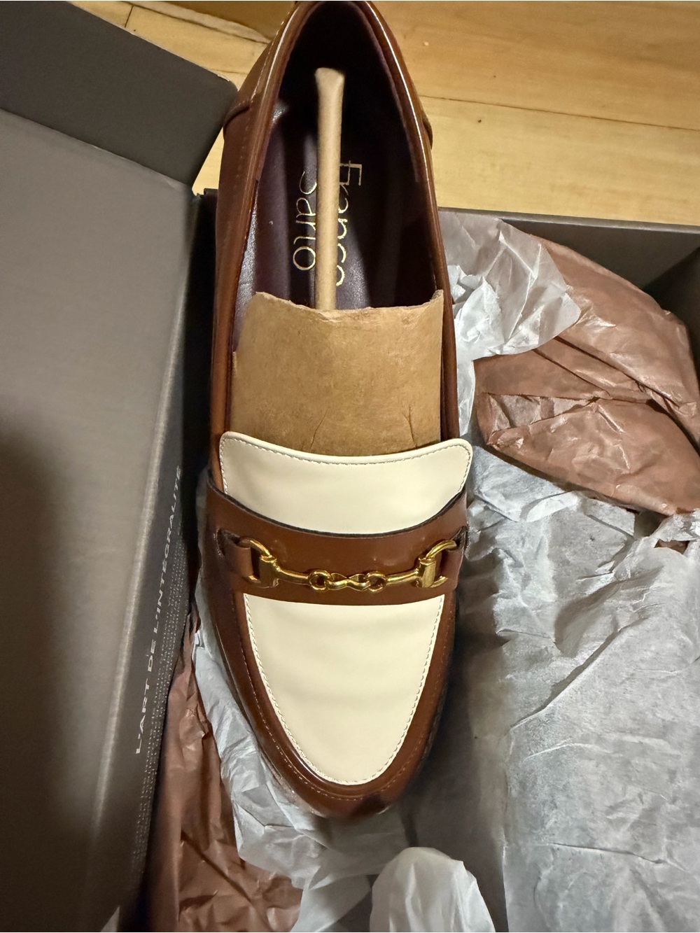 Franco Sarto Colette Brown Cream Lug Sole Loafers Women’s 7M New With Box.